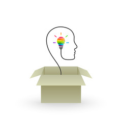 Poster - Think outside the box and creative idea concept with colorful lightbulb emerging out of cardboard box and wire forming head silhouette