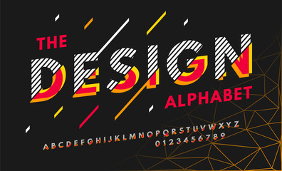 Fototapete - Stylish modern abstract font and alphabet with numbers. Vector colorful font from pieces of shapes and strips, glitch effect.