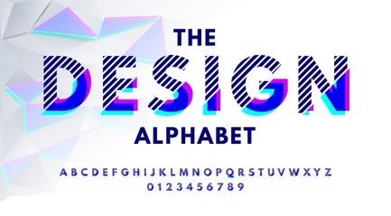 Fototapete - Stylish modern abstract font and alphabet with numbers. Vector colorful font from pieces of shapes and strips, glitch effect.