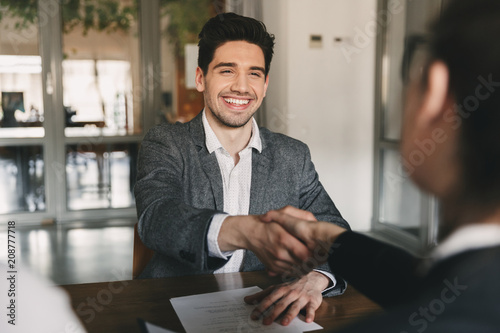 Fotografía Business, career and placement concept - happy caucasian man 30s rejoicing and s