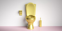 Golden Toilet Bowl On Pink Floor, White Wall Background, Copy Space. 3d Illustration