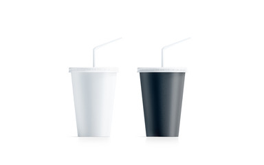 Fototapete - Blank black and white small disposable cup with straw mock up isolated, 3d rendering. Empty paper soda drinking mug mockup with lid and tube front view. Clear soft drink cola take away plastic package