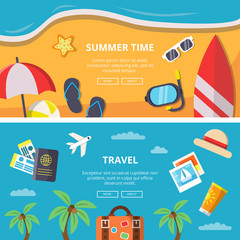 Canvas Print - Horizontal banners with summer time pictures and travel symbols