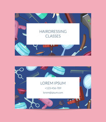 Canvas Print - Vector business card template with hairdresser or barber cartoon elements for hair or beauty salon or classes