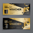 Vector gift voucher template. Universal flyer for business. Luxury vector design, black gold design elements. Gift voucher value 500 dollars for department stores, business. Abstract background
