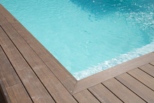 Detail Blue Liner For Swimming Pool With Wood Deck