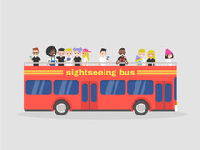 Red Double Decker. Sightseeing Tour. Big City. Tourists. Side View Bus. Flat Editable Vector Illustration, Clip Art