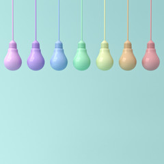 Aufkleber - Colorful hanging light bulbs on green cyan pastel color background . 3D rendering.