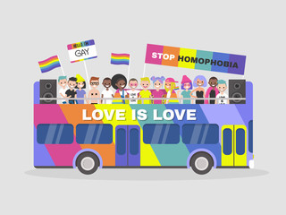 LGBTQ parade. Homosexuality. Equality. Diversity. Colourful double decker bus. Demonstration. Pride. Rainbow flags. Gay, lesbian, bisexual, transgender. Flat editable vector illustration, clip art