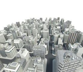 City bird eye view and apartment buildings. 3d render.