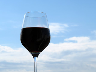 Glass of red wine against a blue cloudy sky