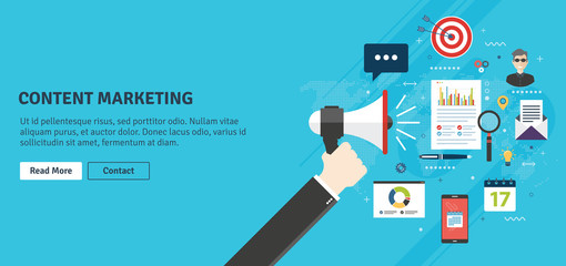 Poster - Content marketing, advertising and communication in business, digital content promotion. Hand holding megaphone with smartphone, email, people and target icons. Flat design vector illustration.