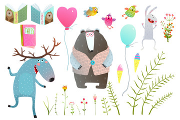 Wall Mural - Funny forest animals friends with objects isolated set. Vector illustration.