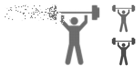 Fototapete - Gray vector power lifting icon in dissolved, pixelated halftone and undamaged whole versions. Disintegration effect involves rectangular particles.