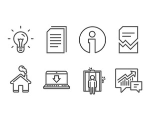 Poster - set of corrupted file, idea and elevator icons. internet downloading, copy files and accounting sign
