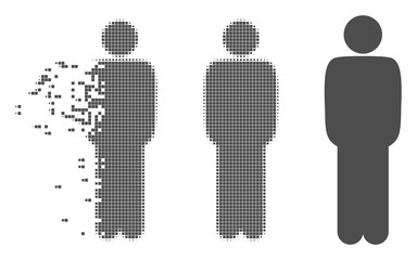 Fototapete - Gray vector standing man icon in fractured, dotted halftone and undamaged entire versions. Disintegration effect uses square particles. Elements are composed into dissipated standing man shape.