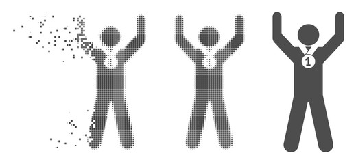 Fototapete - Gray vector winner hands up icon in dispersed, pixelated halftone and undamaged solid variants. Disintegration effect uses square dots. Cells are composed into disappearing winner hands up icon.