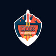 Rocket launch to Mars. Vector logo design for future mission of Mars, promo events, games, label, cartoon badge.