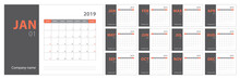 2019 Calendar Planning. English Planner. Сolor Vector Template. Week Starts On Sunday