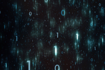 Abstract blue colored scattered binary numbers illustration background.