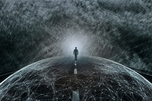 Man Walks On Artistic Asphalt Road With Grunge Digital Cyberspace Network Background.