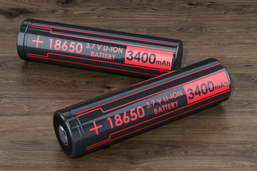 Poster - rechargeable li-ion batteries 18650 on the wooden table, 3D rendering
