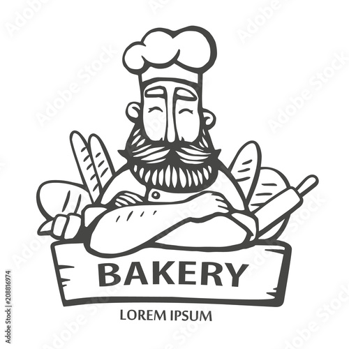 Bakery Logo Hand Drawn Vector Illustration Of Chief Cooker With A