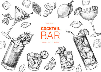 alcoholic cocktails hand drawn vector illustration. cocktails sketch set. engraved style.