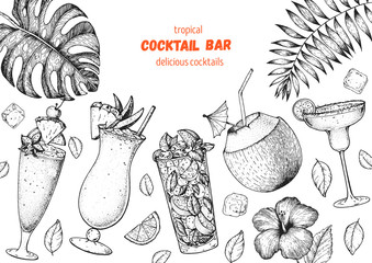 Wall Mural - Alcoholic cocktails hand drawn vector illustration. Cocktails sketch set. Engraved style. Tropical collection. Singapore sling, pina colada, mojito, coconut cocktail, margarita.