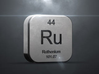 Fototapete - Ruthenium element from the periodic table. Metallic icon 3D rendered with nice lens flare
