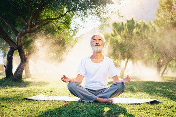 Yoga at park. Senior bearded man in lotus pose sitting on green grass. Concept of calm and meditation.