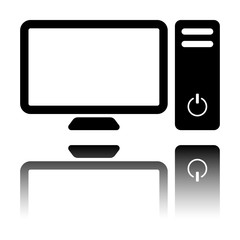 Poster - Personal computer, pc. System unit and monitor. Black icon with mirror reflection on white background