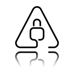 Poster - Lock in warning triangle. Linear icon with thin outline. One line style. Black icon with mirror reflection on white background