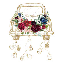 Watercolor Hand Painted Wedding Romantic Illustration On White Background - Vintage Gold Car With Cans & Flower Floral Bouquet Composition. Just Married! Peonies, Anemones, Roses, Leaves.