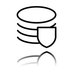 Poster - Simple protect of database. Linear, thin outline. Black icon with mirror reflection on white background