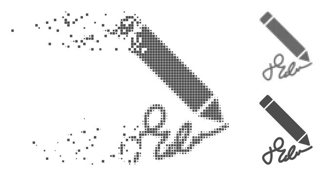 Gray vector sign pencil icon in dispersed, dotted halftone and undamaged solid versions. Disappearing effect involves rectangular particles. Pieces are combined into dissipated sign pencil pictogram.
