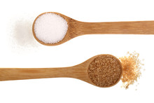 Granulated Brown And White Sugar In Wooden Spoon Isolated On White Background. Top View. Flat Lay