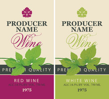 Set Of Two Vector Labels For Red And White Wine With Green Vine Leaves, Grapevine And Calligraphic Inscriptions In Retro Style