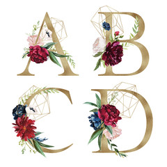 Floral Alphabet Set - letters A, B, C, D, with flowers bouquet composition and delicate gold geometric shape crystal. Unique collection for wedding invites decoration and many other concept ideas.