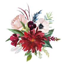 Watercolor Floral Illustration - Flowers Burgundy Bouquet For Wedding Stationary, Greetings, Wallpapers, Fashion, Background. Peony, Dahlia, Rose, Anemone, Eucalyptus, Olive, Green Leaves, Etc.