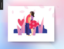 Kissing Scene - Flat Cartoon Vector Illustration Of Young Couple, Boyfriend And Girlfriend, Kissing, Romantic Scene With Grass, Plants, Leaves And A Pink Polka Dotted Heart On Background - Postcard