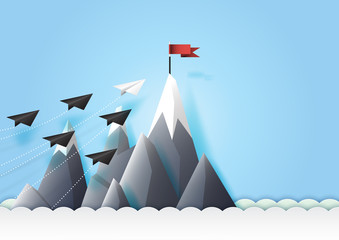 Business teamwork and leadership concept with paper airplanes reach the red flag target.Paper art vector illustration.