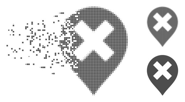 Grey vector closed marker icon in dispersed, pixelated halftone and undamaged solid versions. Disintegration effect involves rectangle particles.