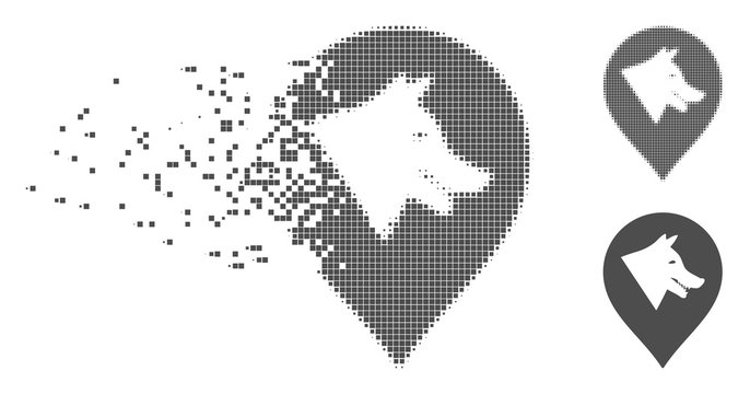 Gray vector evil dog marker icon in dissolved, dotted halftone and undamaged solid versions. Disintegration effect involves rectangular particles.