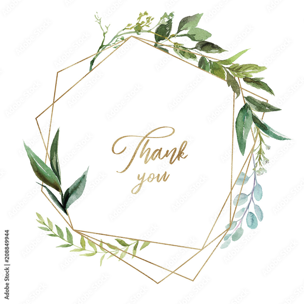Watercolor floral illustration - leaf wreath / frame with gold ...