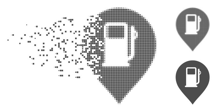 Gray vector fuel station marker icon in fractured, pixelated halftone and undamaged entire versions. Disappearing effect involves square dots.