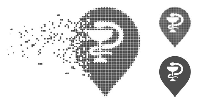 Gray vector healthcare snake marker icon in dissolved, dotted halftone and undamaged whole versions. Disappearing effect involves square dots.