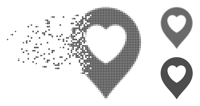 Grey vector love heart marker icon in dissolved, pixelated halftone and undamaged solid versions. Disintegration effect involves square particles.