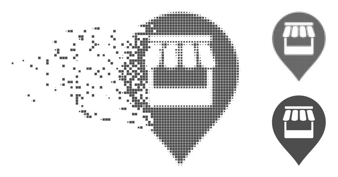 Gray vector market marker icon in fractured, dotted halftone and undamaged entire versions. Disappearing effect uses rectangular particles. Particles are grouped into dissolving market marker icon.