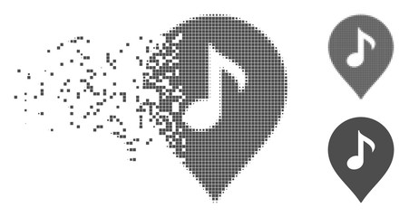 Fototapete - Grey vector music marker icon in dispersed, dotted halftone and undamaged solid versions. Disappearing effect involves rectangle dots. Pieces are arranged into disappearing music marker pictogram.